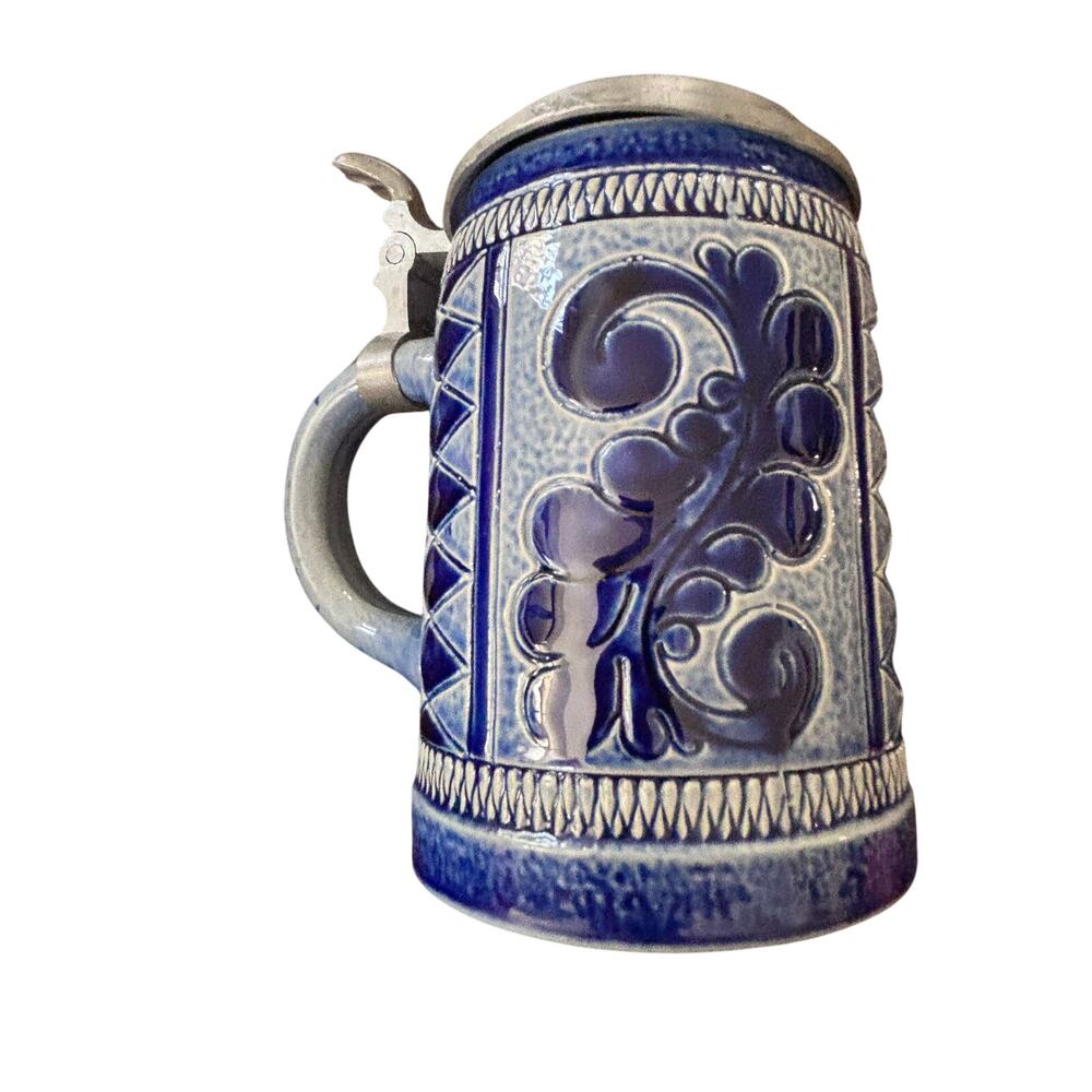 Vintage Marzi & Remy Beer Stein Germany Hinged Pewter Lid Beer Stein Cobalt - Picture 2 of 7